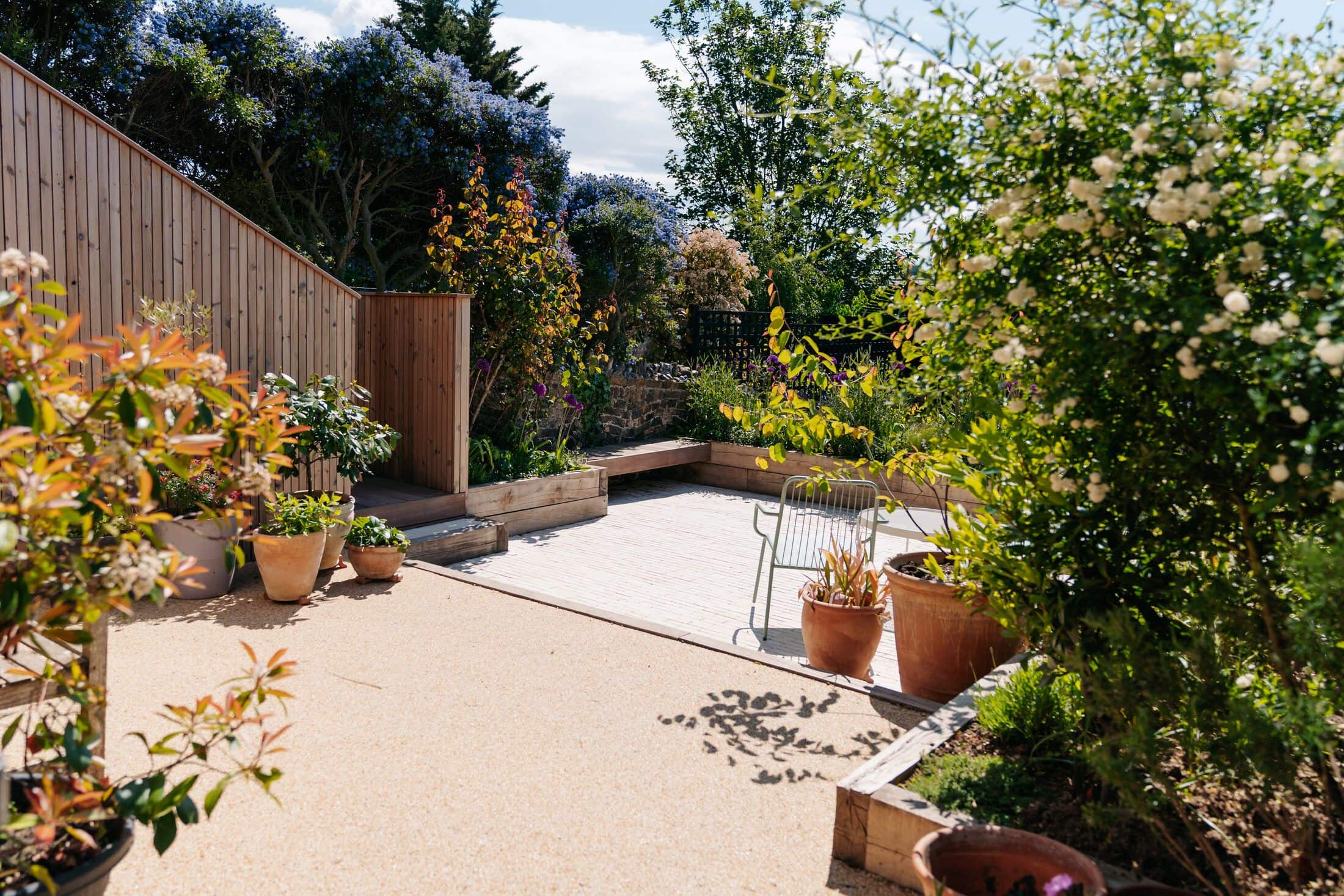 Bright courtyard garden with porcelain paving, resin-bound gravel and timber sleeper beds in full planting
