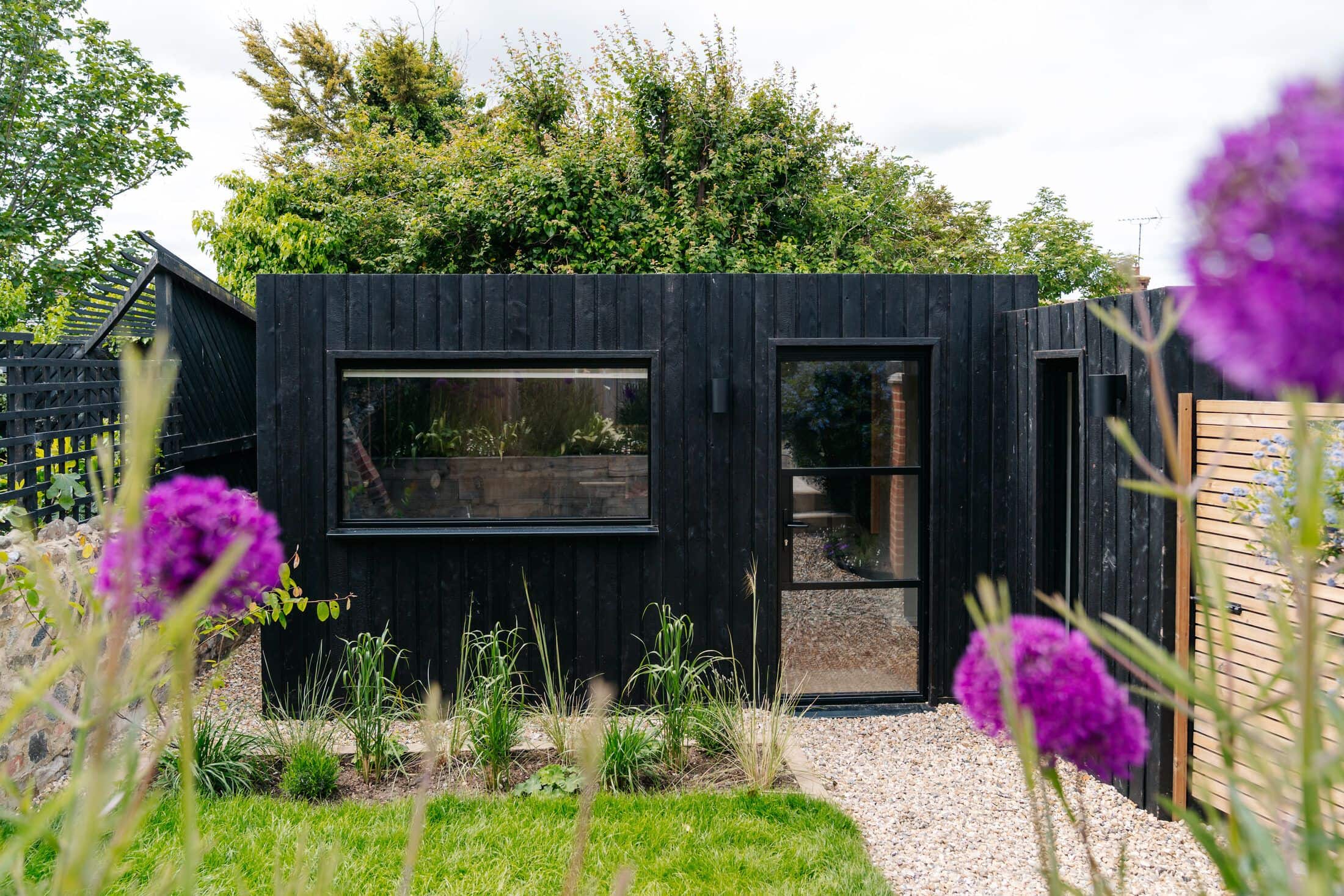 Black timber garden studio with a glazed door framed by alliums and grasses in full sun